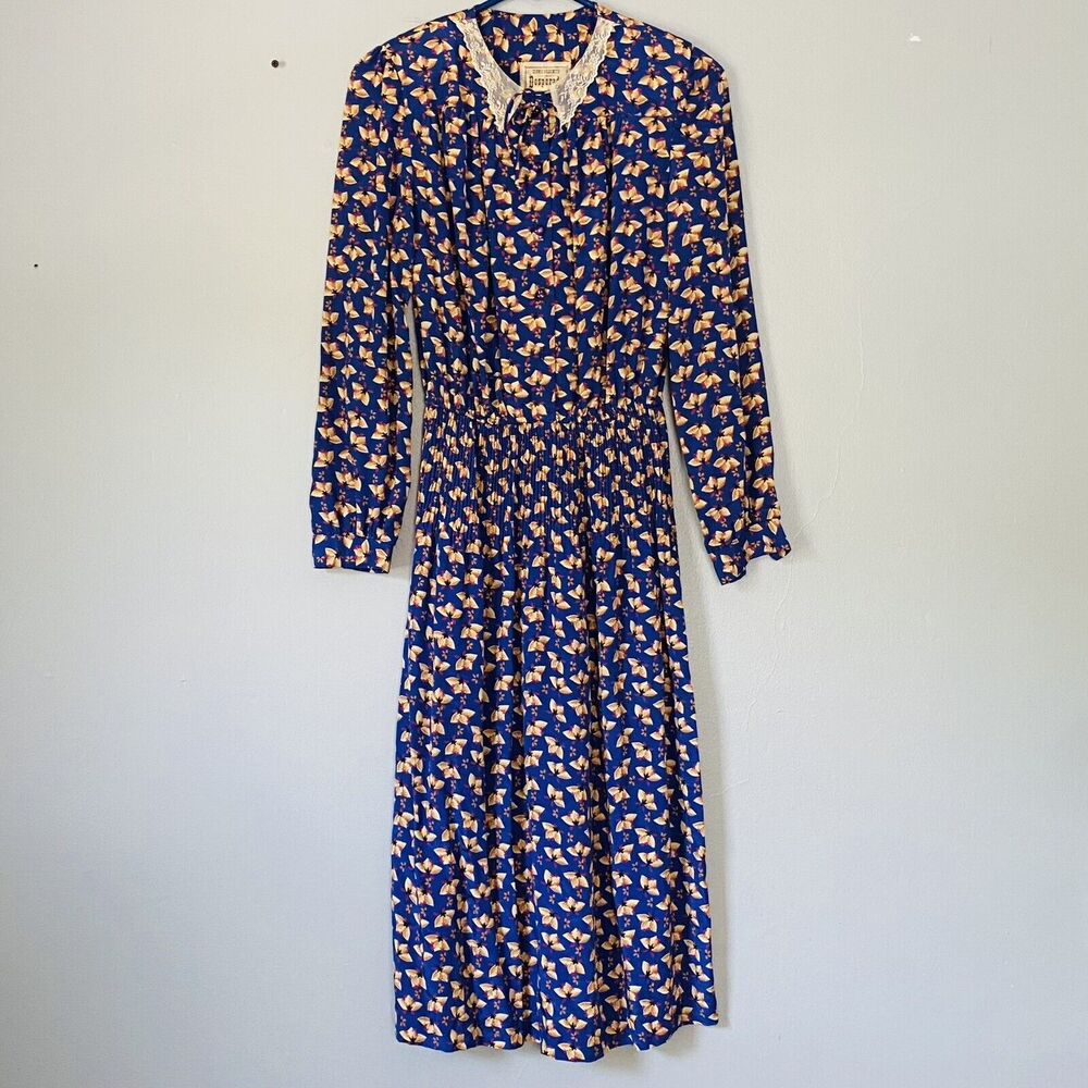 Vintage Cottagecore Dress Womens Size 9 Blue Midi Lace Collar Dennis Goldsmith